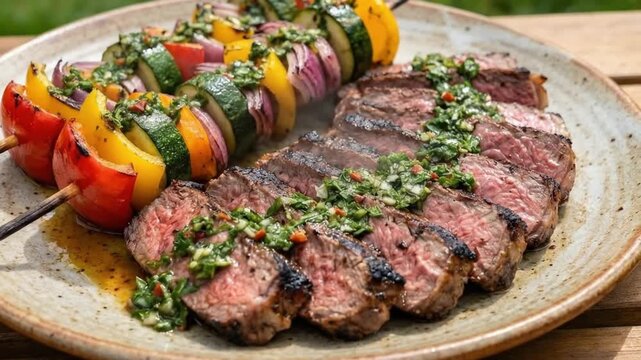 A mouth-watering close-up of perfectly grilled, sliced steak and vibrant vegetable skewers, beautifully arranged on a rustic plate. The juicy meat, showing enticing grill marks and a medium-rare inter