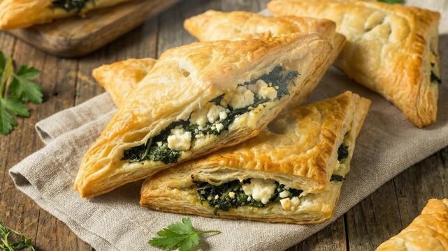 A mouth-watering close-up showcases a collection of freshly baked savory pastries, featuring a golden, flaky puff pastry crust generously filled with a vibrant mixture of spinach and crumbled cheese. 