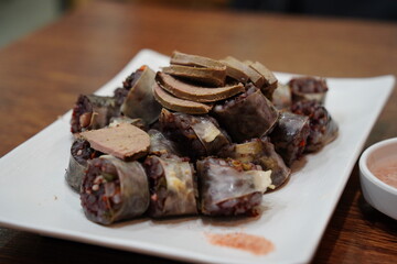 Delicious Korean blood sausage (Sundae) with liver slices, a popular traditional street food