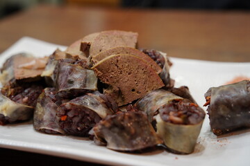 Delicious Korean blood sausage (Sundae) with liver slices, a popular traditional street food
