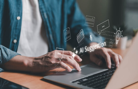 Business person using AI command with smartphone to create voice prompt for process automation without typing. Artificial intelligence for voice bot command AI suggestion technology