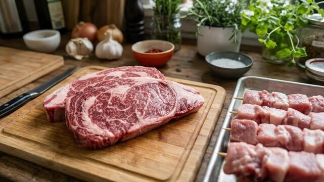 A mouth-watering display of premium raw meat cuts and ready-to-grill skewers, meticulously arranged on a rustic wooden chopping board. Fresh aromatic herbs like rosemary and basil, alongside whole gar