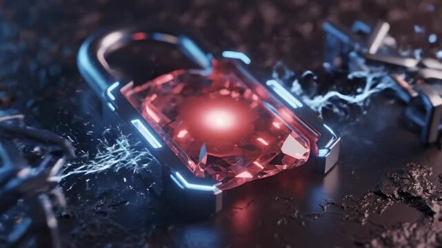 A futuristic, metallic padlock with glowing blue light and sparks on a dark surface