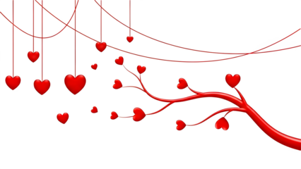 Beautiful red hearts hanging from strings and growing on a tree branch on white background for valentine's day