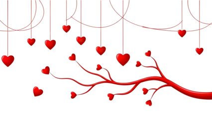 Beautiful red hearts hanging from strings and growing on tree branches on white background for valentine day