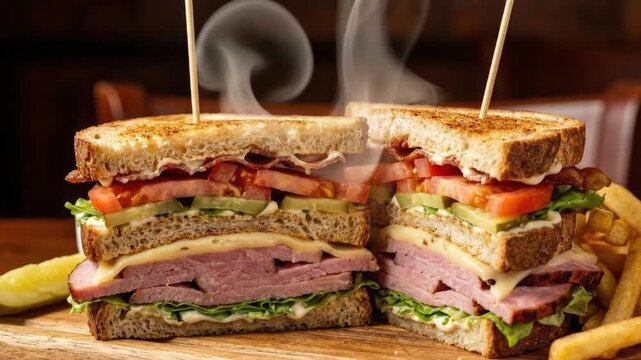 A mouth-watering, freshly prepared, multi-layered sandwich steaming on a rustic wooden board, perfectly cut in half to reveal its vibrant, abundant ingredients. Golden-brown toasted bread encases savo