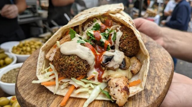 A mouth-watering, freshly prepared wrap is presented on a rustic wooden board, emphasizing its delectable appeal and artisanal quality. This enticing close-up showcases a generous filling of crispy fa