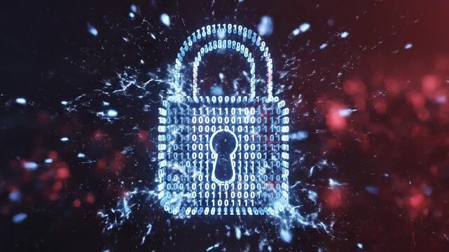 A digital illustration of a chain breaking apart with glowing blue links against a dark red background