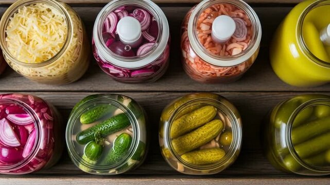 Colorful jars of pickled vegetables  Fermentation arranged on wooden shelf  