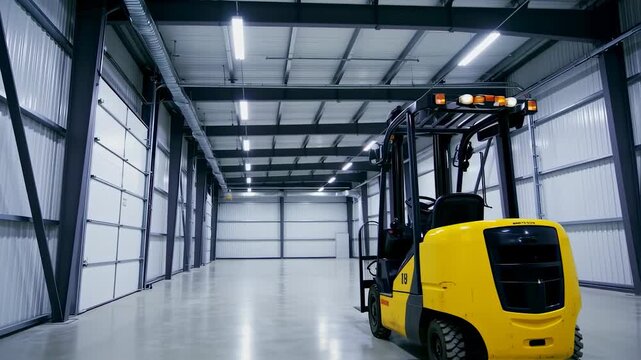 Interior of a large warehouse with a yellow forklift. The space is clean and well-lit