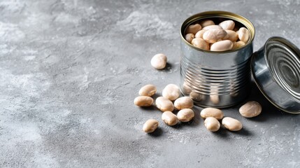 A metal can is opened showing shelled white beans inside. Some beans spill out onto the gray surface. The setting has good lighting indicating it is daytime.
