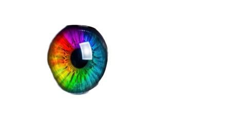 Extreme close-up side view of a human eye with a rainbow-colored iris and grayscale sclera, isolated on a bright white background with copy space, concept of digital vision and creativity