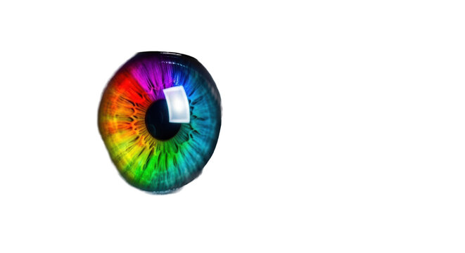 Extreme close-up side view of a human eye with a rainbow-colored iris and grayscale sclera, isolated on a bright white background with copy space, concept of digital vision and creativity