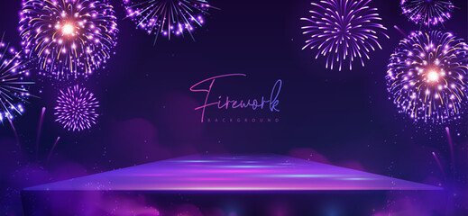 Showcase background with 3d podium  and holiday colorful  neaon firework explosion on dark blue background. Vector illustration
