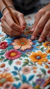 Embroidery Artist Carefully Stitching Floral Design on Fabric with Precision and Care