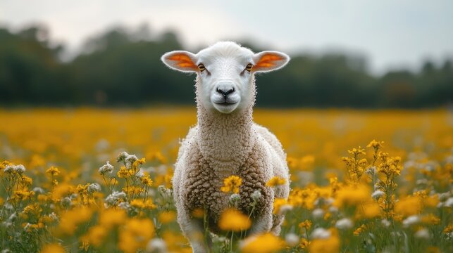 Islamic banner featuring a sheep in green fields for Eid al-Adha. Kurban Bayram greeting card with a sheep in a meadow and copy space