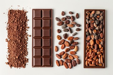 Cocoa beans to chocolate bar process stages, clean minimal background, premium food manufacturing concept.