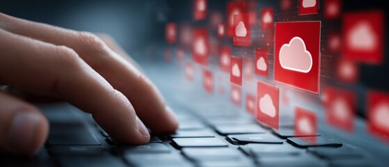 Cloud computing concept with hands on laptop keyboard