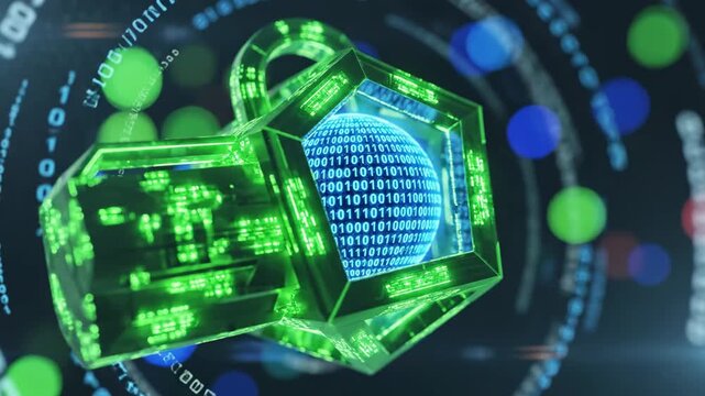 A 3D green digital shield with a blue circuitry pattern on a dark background