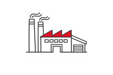 Industrial factory building with smoking chimneys outline icon showing pollution and manufacturing symbol on transparent background