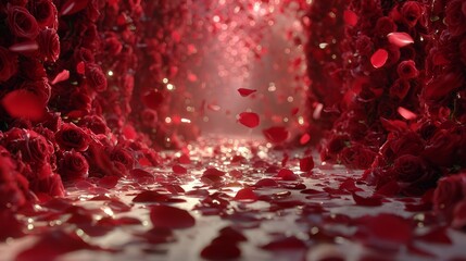 Falling red rose petals in dreamy motion