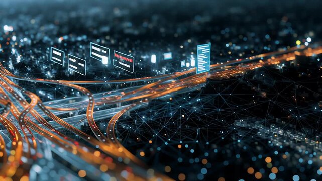 A busy highway with many cars and a lot of traffic. The highway is lit up. Digital traffic management twin, abstract intersection model, soft analytics overlay, clean professional tone, ai powered