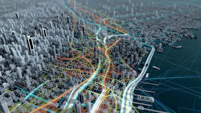 A cityscape with a network of roads and buildings. Digital replica of city infrastructure, simplified geometry, minimal data visualization, clean tech look, digital twin city model