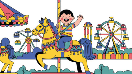 Flat vector illustration of a cheerful kid riding a carousel horse in a theme park plaza with flags, snack kiosk, benches and distant Ferris wheel. Solid colors, no gradients © Amie