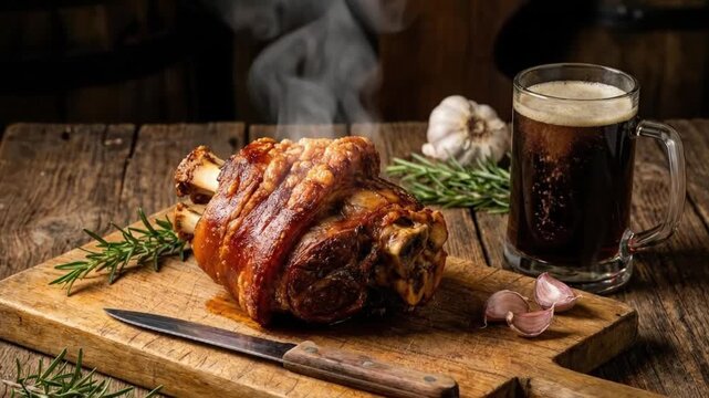 A piping hot, perfectly roasted meat joint, possibly a succulent pork hock or shank, artfully arranged on a rustic wooden cutting board. Wisps of steam gracefully rise from its golden-brown, crispy sk