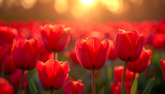Close-up of vibrant red tulips bathed in warm sunlight during golden hour, creating a beautiful field of color and light - Powered by Adobe