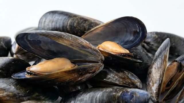 A pristine close-up displays fresh, raw mussels with rich, dark, iridescent shells, neatly piled. Several shells are invitingly open, revealing their vibrant, tender golden-orange meat. Presented agai