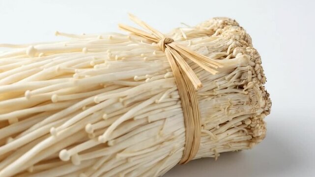 A pristine close-up shot of a neatly bundled cluster of Enoki mushrooms, tied with a natural straw string, against a clean white background. The delicate, elongated white stems and tiny caps are showc