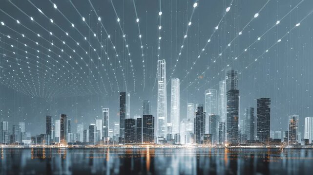 A city skyline is reflected in the water. The city is lit up at night. Digital twin city ecosystem concept, simplified urban environment, refined tech aesthetic, model professional tone