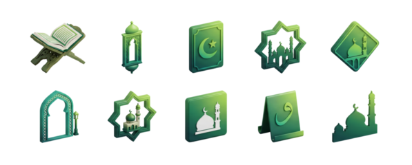 Islamic Icons Set: Mosque, Quran, Lantern, Crescent Moon & Star, Archway