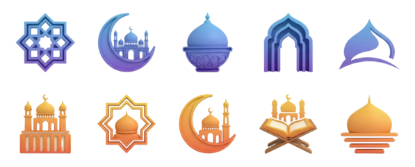 Islamic Symbols Collection: Mosques, Crescent Moon, Stars, Arches, Quran