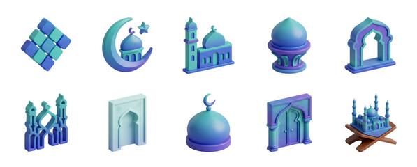 Islamic Icons Collection: Mosque, Crescent Moon, and Ketupat 3D Render