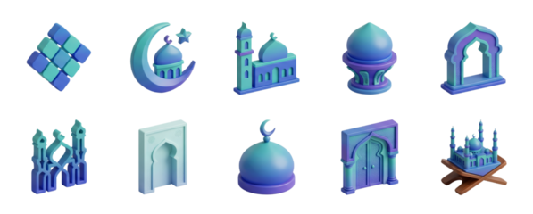 Islamic Icons Collection: Mosque, Crescent Moon, and Ketupat 3D Render