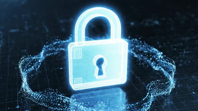 A 3D rendered digital padlock with a glowing keyhole on a dark grid background with futuristic light trails