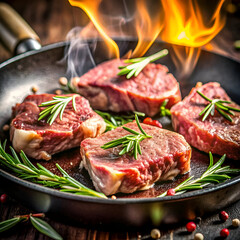 Sizzling beef steaks with sprigs of rosemary in a cast iron pan over a dark wooden surface. Fresh. seasoned cuts of meat are being seared with visible flames. showcasing a culinary preparation.