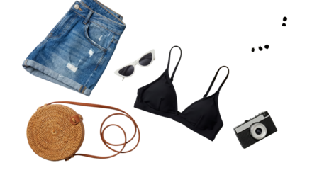 Summer Vacation Flat Lay: Denim Shorts, Bikini, Straw Bag, Sunglasses, Camera