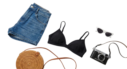Summer Vacation Flat Lay: Denim Shorts, Bikini Top, Straw Bag, Sunglasses, Camera
