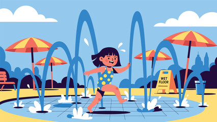 Flat vector illustration of a kid running through splash pad fountains at a theme park water-play area with lockers, umbrellas and tiled floor pattern. Solid colors, no gradients © Amie