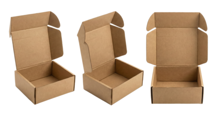 Set of three open cardboard boxes, isolated on white background