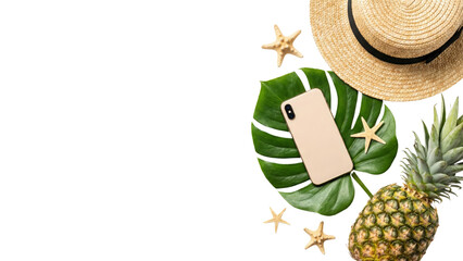 Summer Vacation Flat Lay: Pineapple, Hat, Starfish, Monstera Leaf, Smartphone on White