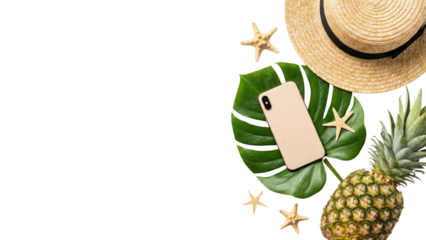 Summer Vacation Flat Lay: Pineapple, Hat, Starfish, Monstera Leaf, Smartphone on White