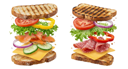 Delicious Grilled Sandwiches with Salmon and Salami, Floating Ingredients