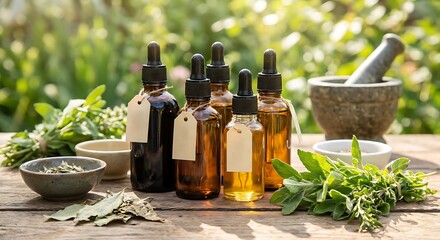 Herbal medicine bottles and natural ingredients on wooden table outdoors