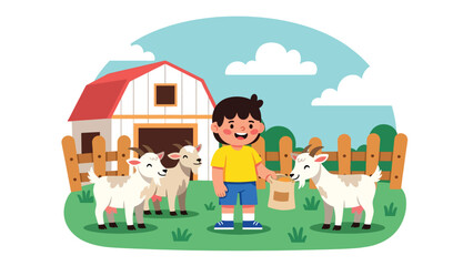 Obraz premium Flat vector illustration of a happy kid feeding goats at a theme park petting zoo corner with barn facade, fence, handwashing station and safety icons. Solid colors, no gradients