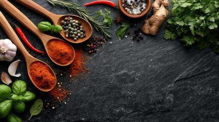 Different spices and herbs are spread on a dark surface. Wooden spoons hold various spices like chili and pepper. Fresh herbs and garlic are also present adding to the cooking setup.