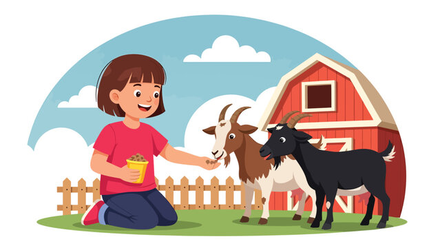 Flat vector illustration of a happy kid feeding goats at a theme park petting zoo corner with barn facade, fence, handwashing station and safety icons. Solid colors, no gradients